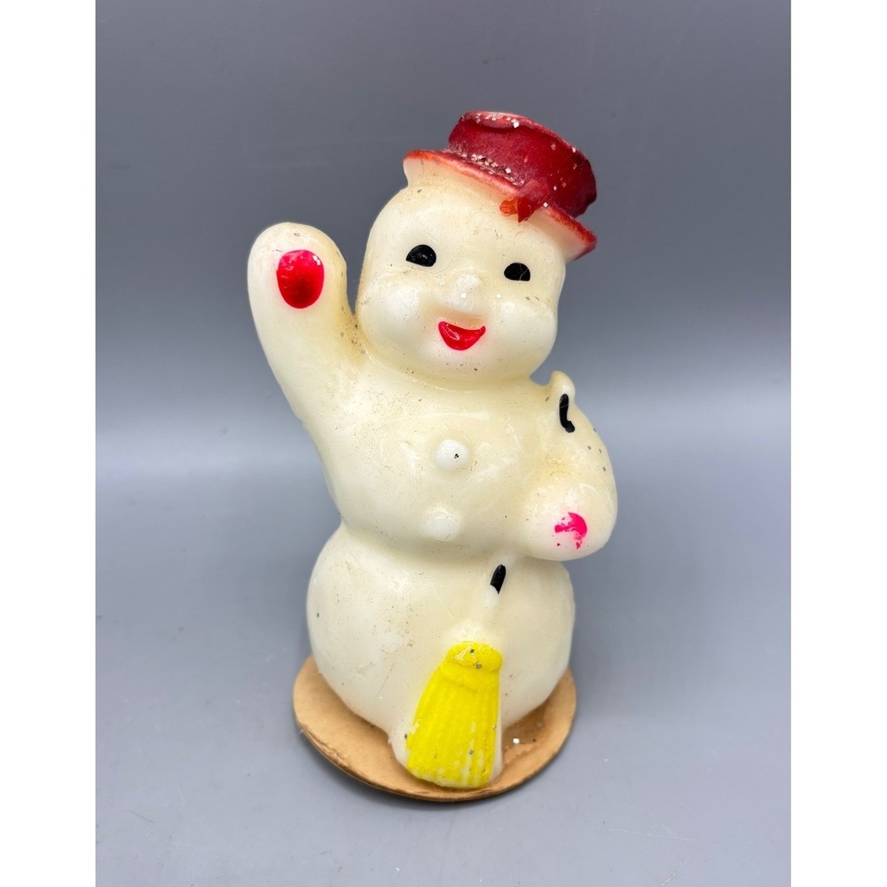 Vintage Gurley Candle Co Snowman Christmas Candle Red Glitter Hat Waving Broom